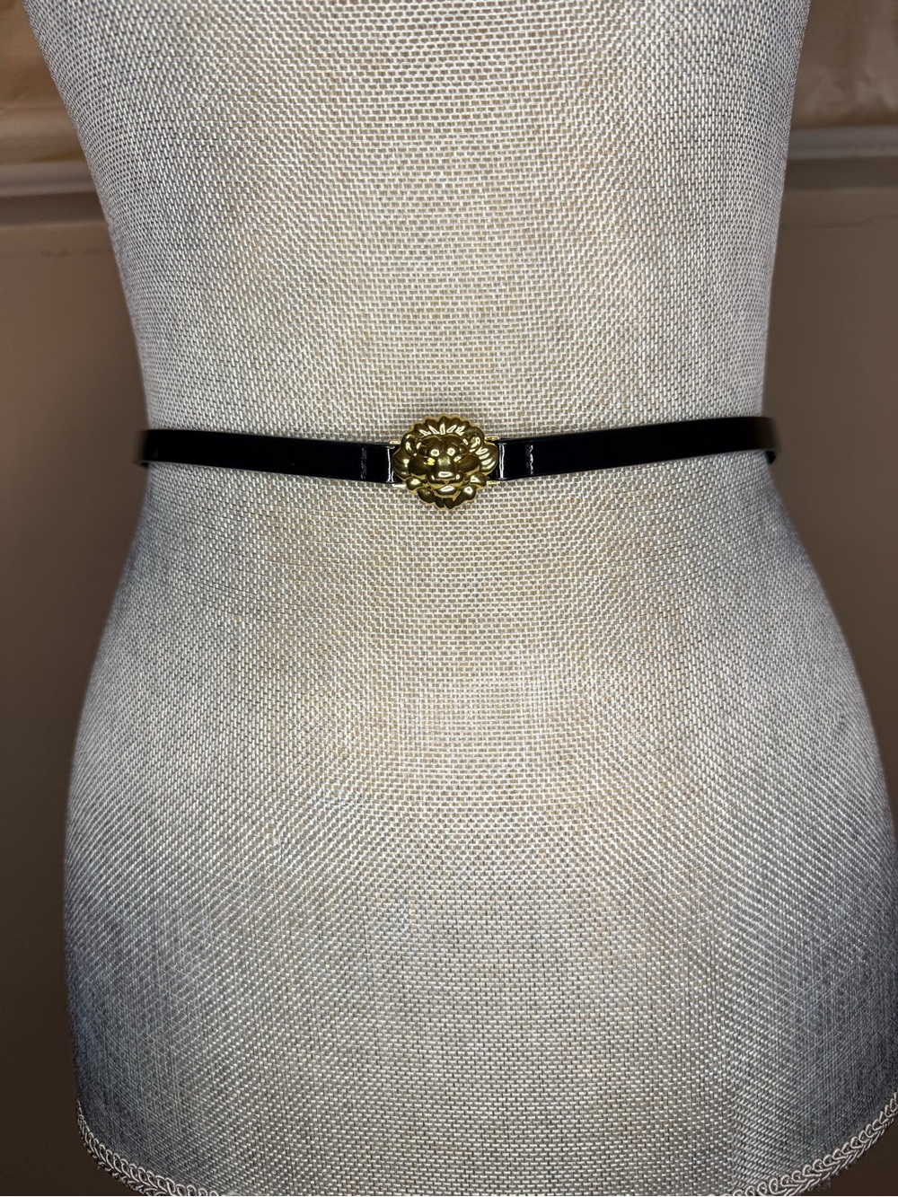 Black Patent Leather Belt with Gold Lion Medallion